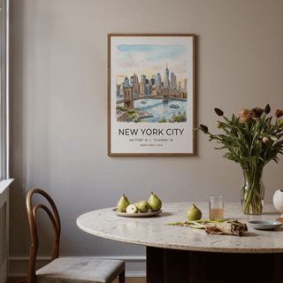 Framed view New York City Wall Art resting on a shelf in modern interior