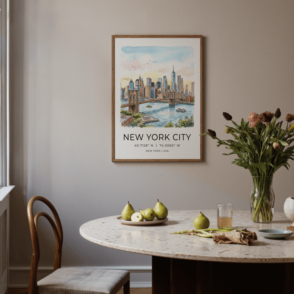 Framed view New York City Wall Art resting on a shelf in modern interior