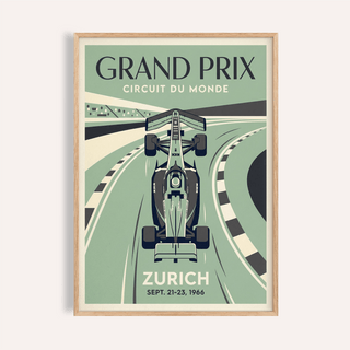 Grand Prix racing poster print with top-down formula car and curved track