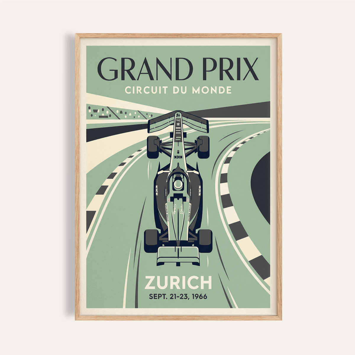 Grand Prix racing poster print with top-down formula car and curved track