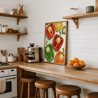 Green, red, and yellow Colorful Bell Pepper Print for dining room poster