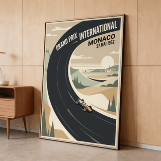 Detail of Vintage Car Racing Poster highlighting curved black track and formula car