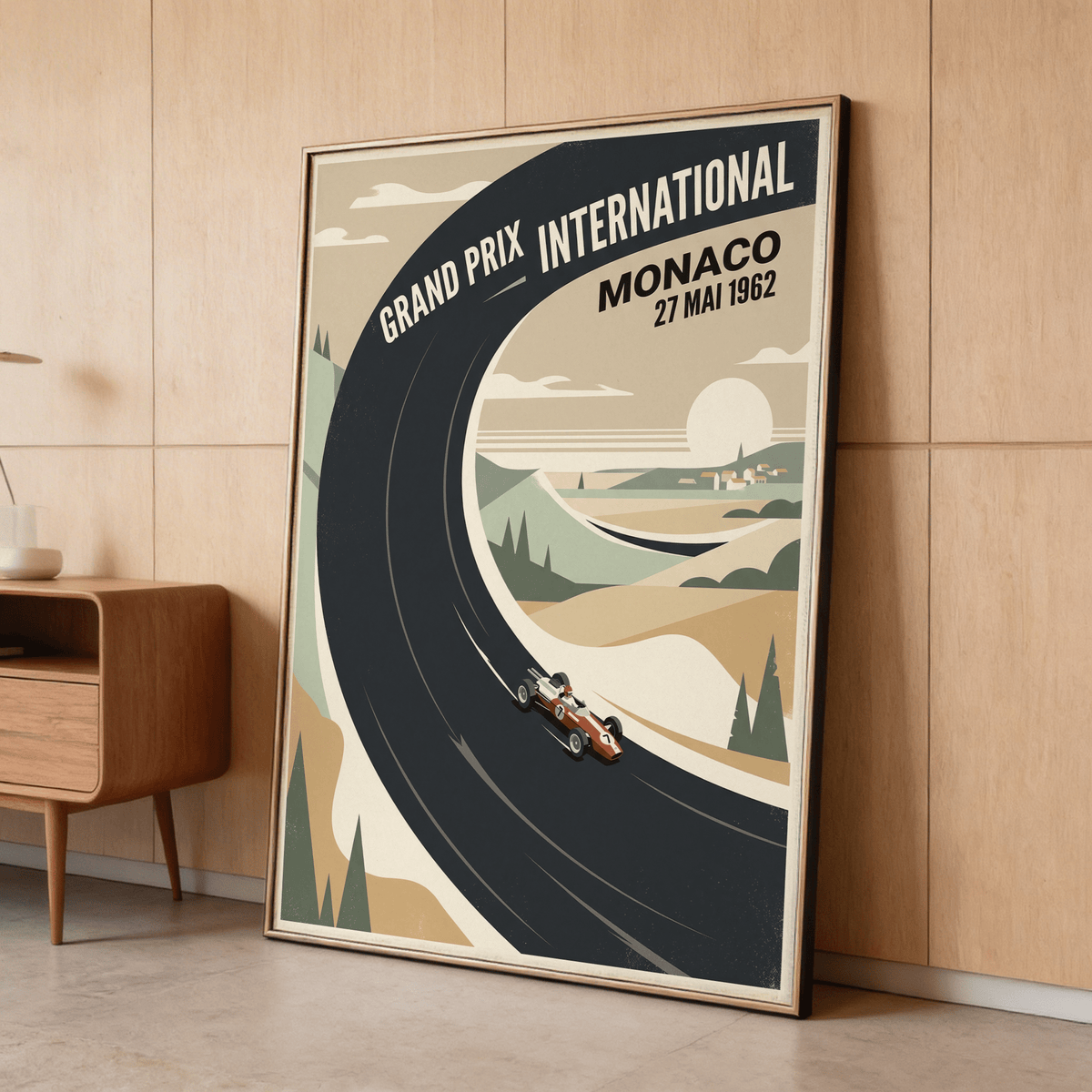 Detail of Vintage Car Racing Poster highlighting curved black track and formula car