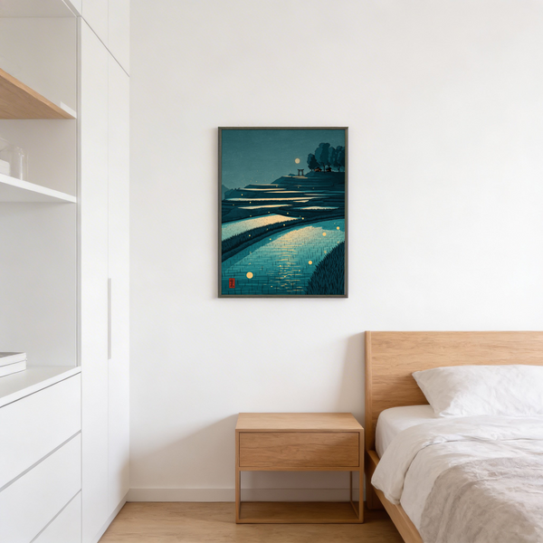 Beige moon over rice fields wall art print with reflective water channels