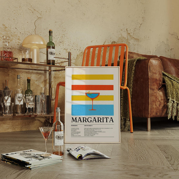 Margarita wall art showcasing cocktail recipe in playful vintage format.