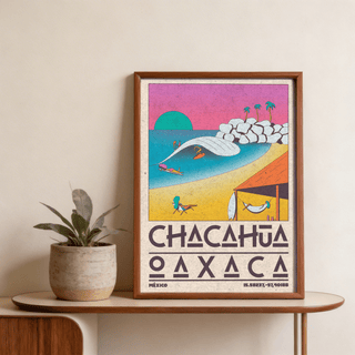 Destination poster print reading CHACAHUA OAXACA with MEXICO label and coordinate-style numbers