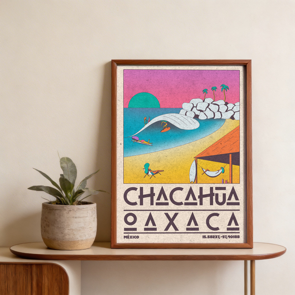 Destination poster print reading CHACAHUA OAXACA with MEXICO label and coordinate-style numbers