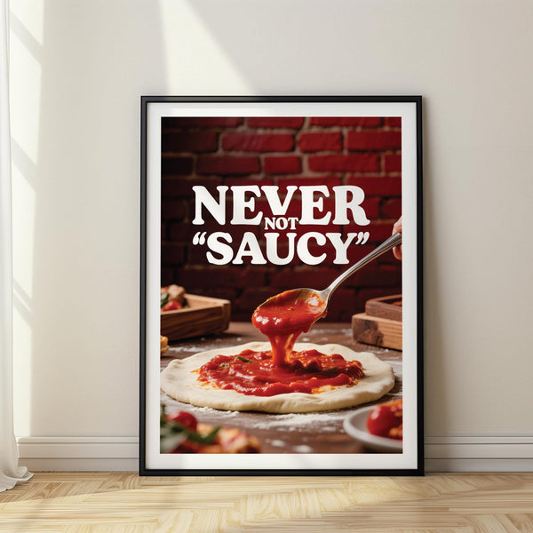 Pizza wall art showing tomato sauce being ladled onto fresh dough.