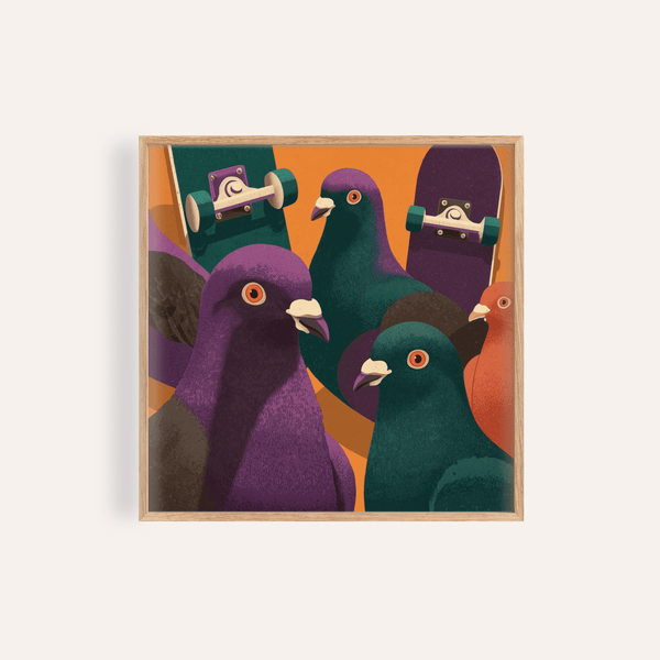 Pigeon Skateboard Art print for living room with Black, Orange, Green, Purple urban wall art