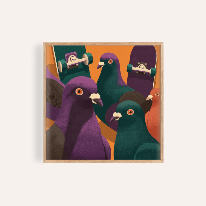 Pigeon Skateboard Art print for living room with Black, Orange, Green, Purple urban wall art