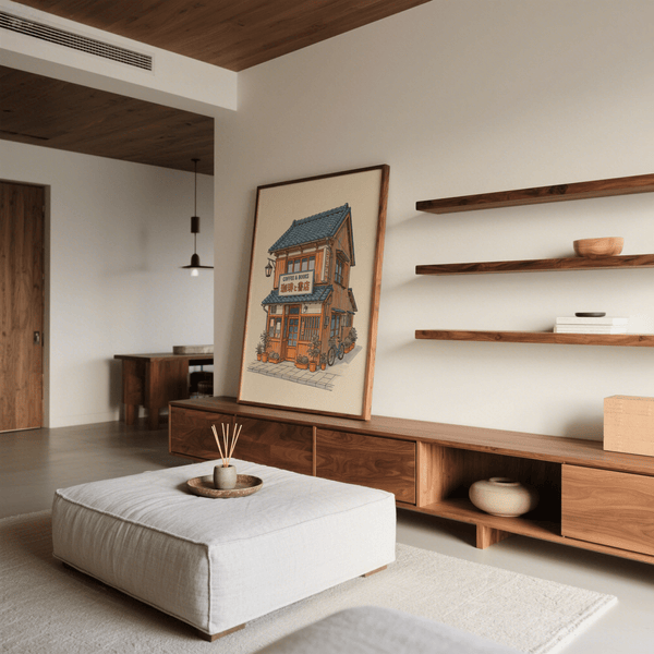 Japanese Coffee Shop Art, blue and beige, kitchen wall art decor