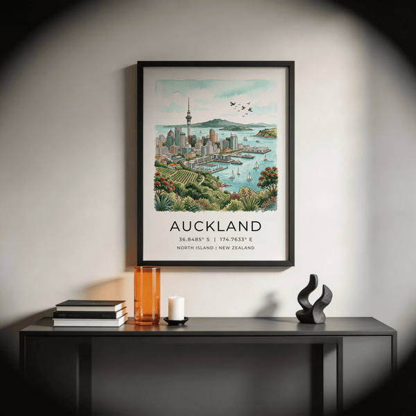 Colorful skyline illustration showing Sky Tower beside layered hills