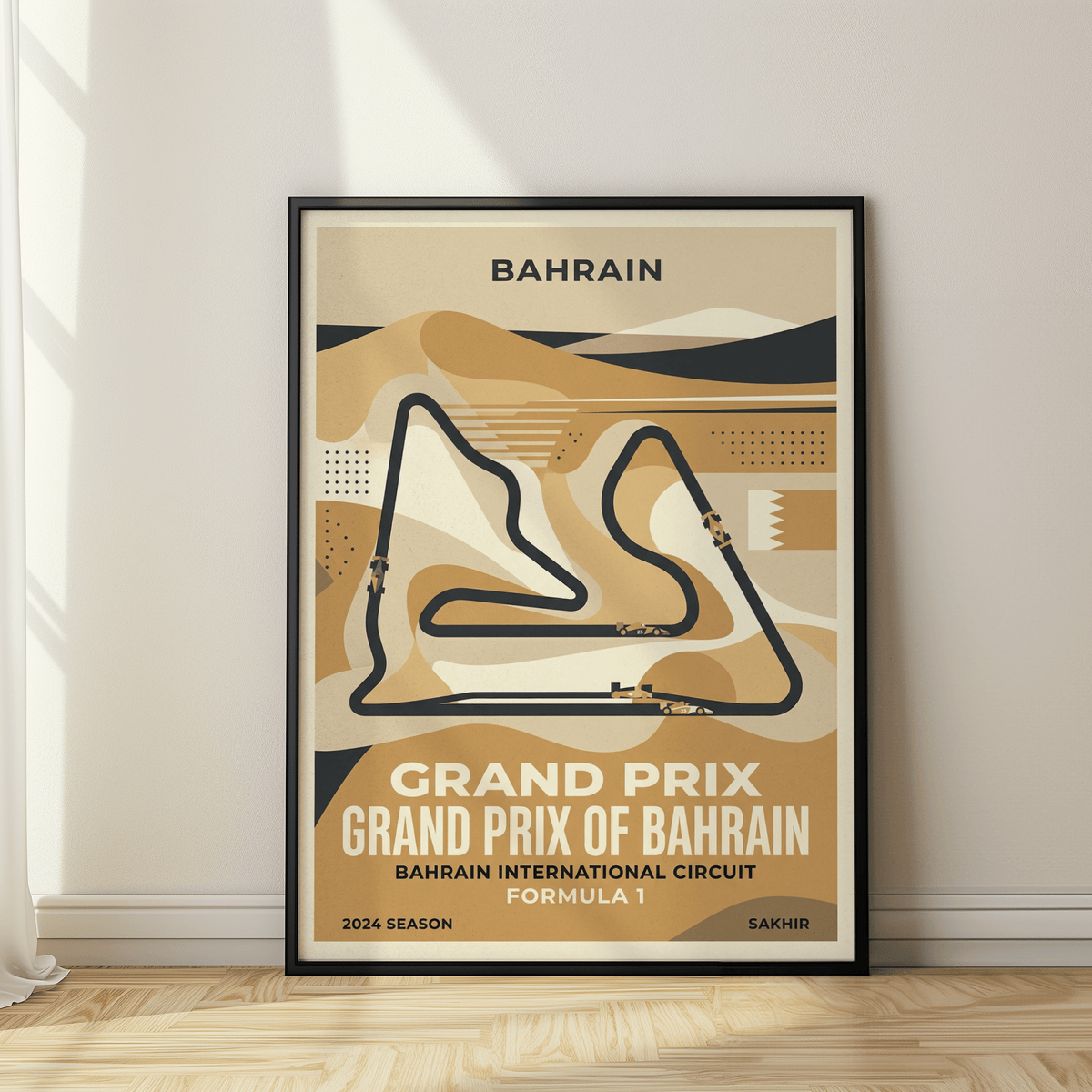 Graphic Bahrain Grand Prix Art Print showing stylized track outline and bold text