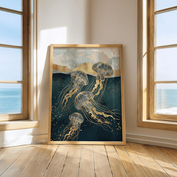 Nautical Abstract Jelly Fish Wall Art in blue tones for hallway decor