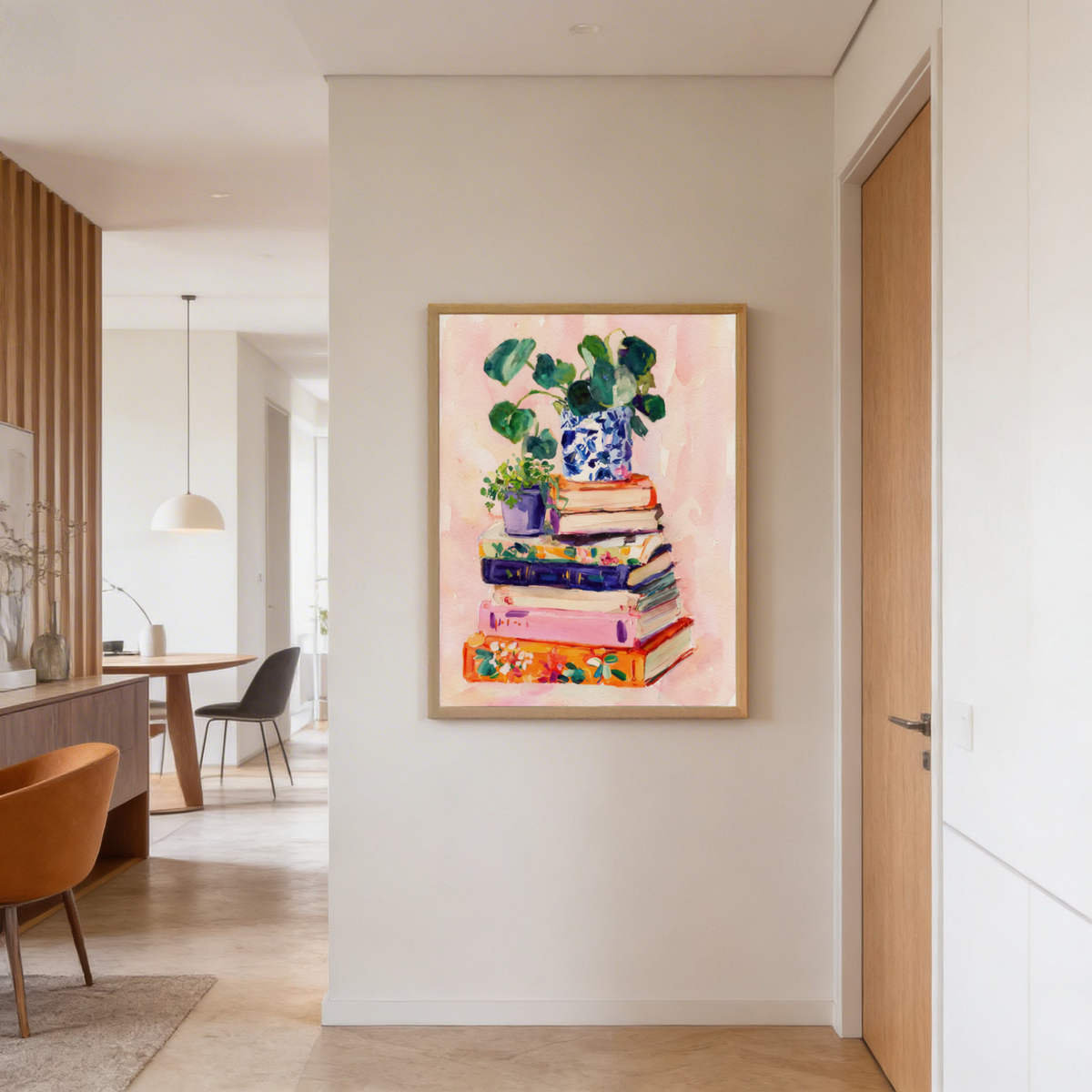 Books and Plants Art Print with stacked books, blue-and-white vase, and potted greenery