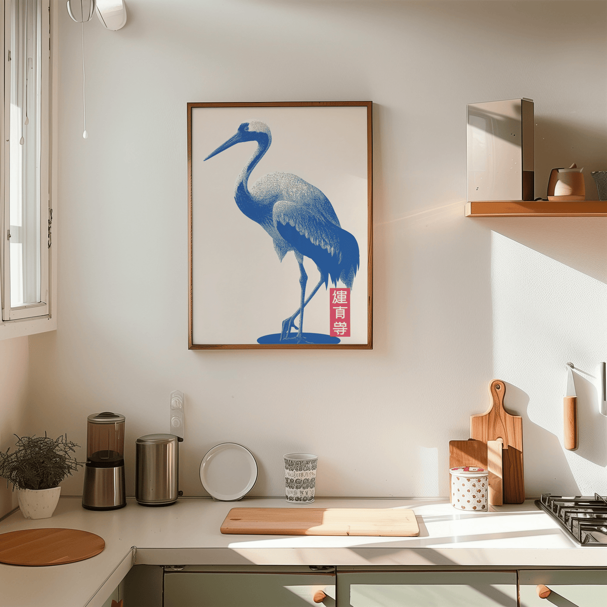 Crane Wall Art artistic red blue print for bedroom