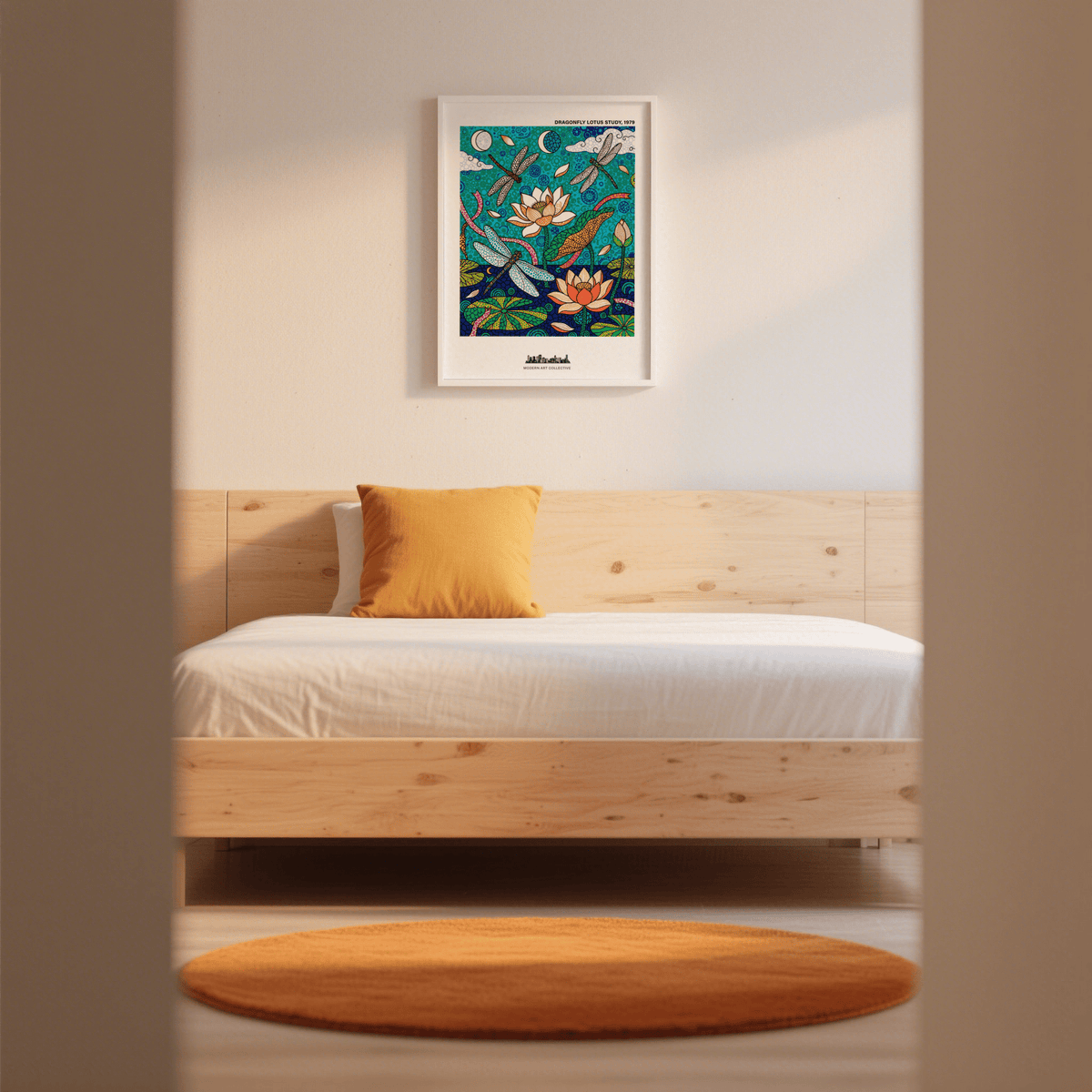 Top section of Dragonfly Lotus Art Print showing dragonflies and circular background motifs