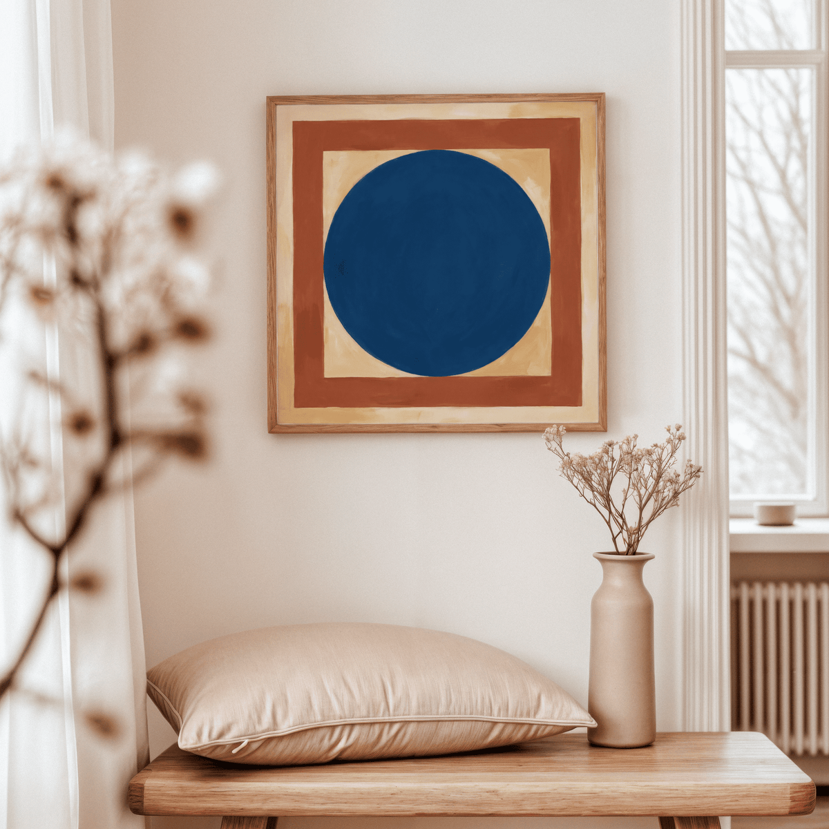 Minimalist Circle Art poster featuring blue tones and brown trim for bedroom decor