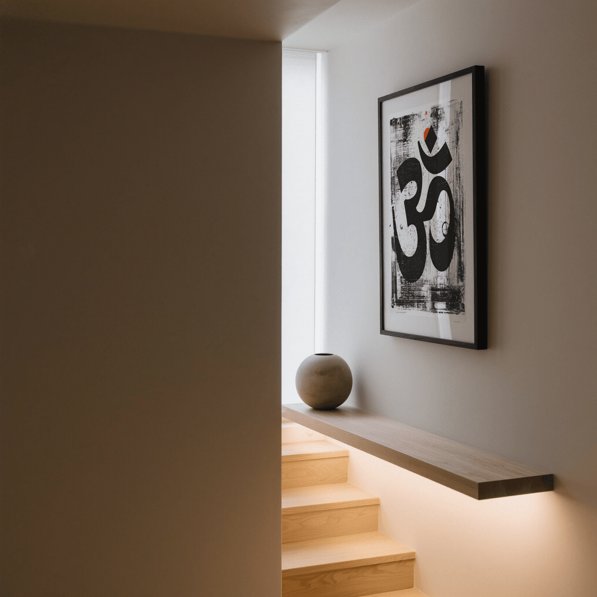 Minimal grayscale Abstract Om Art Print displayed in modern studio