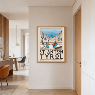 Wide view of alpine valley poster print with layered mountains and ski run