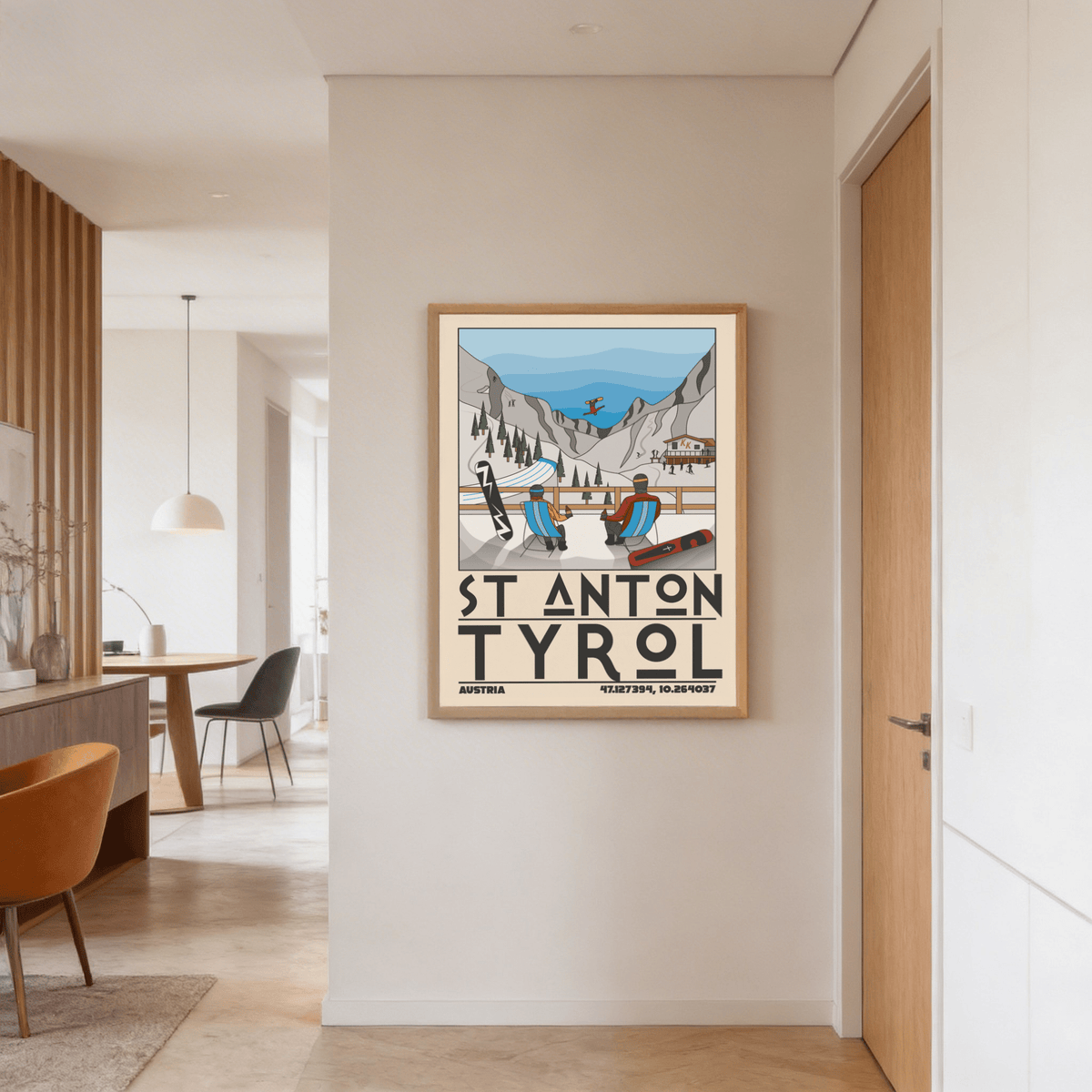 Wide view of alpine valley poster print with layered mountains and ski run