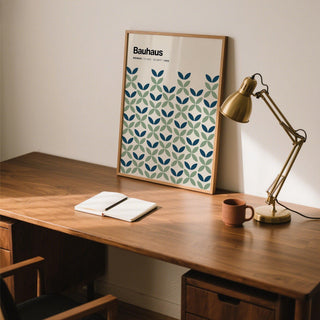 Abstract poster of blue and green wall art with navy and sage pattern elements.