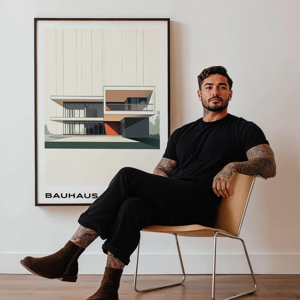 Poster featuring two-story house with glass facade in Bauhaus architecture style.