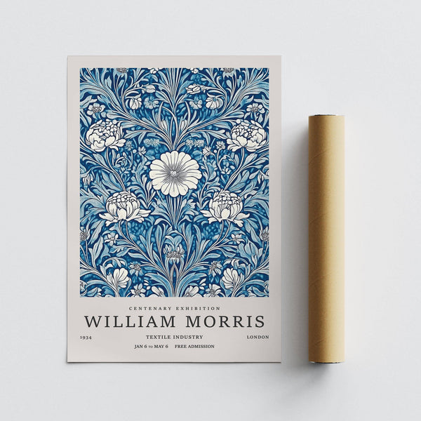 William Morris blue botanical prints with intricate leaf shapes for guest rooms
