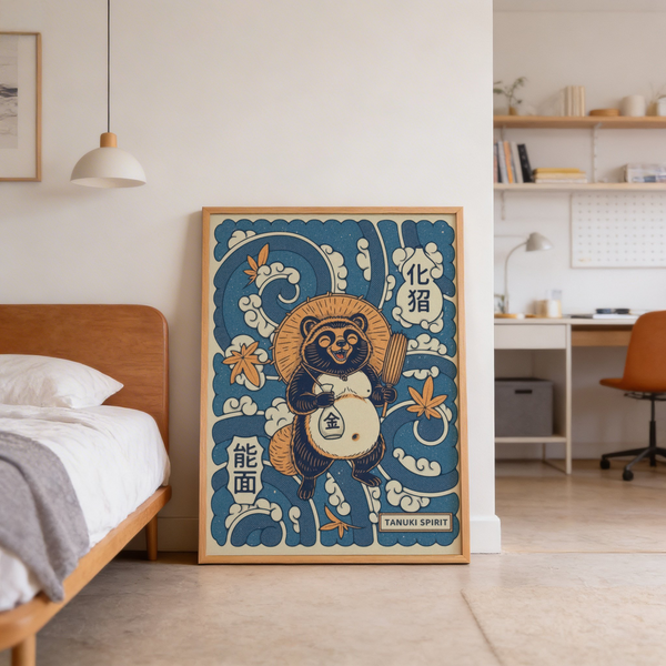 Graphic Tanuki Art Print poster with spiral wave background and floating maple leaf shapes
