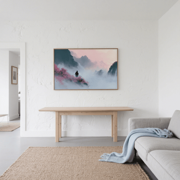 Peaceful Samurai Mountain Wall Art with black mountains for study room wall art