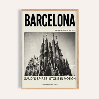 Barcelona typography poster print with black-and-white Sagrada Família spires photo