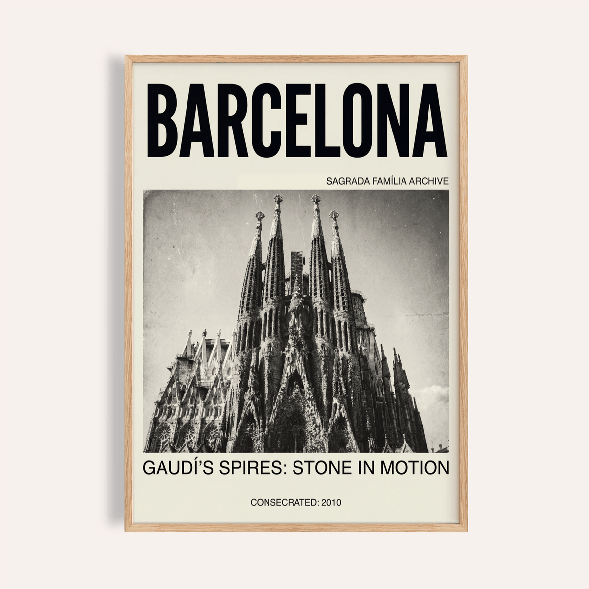 Barcelona typography poster print with black-and-white Sagrada Família spires photo