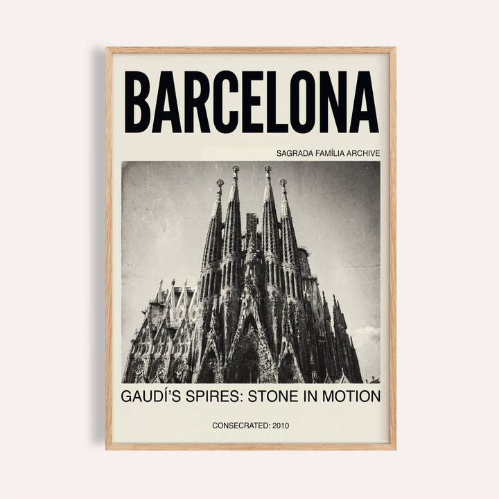 Barcelona typography poster print with black-and-white Sagrada Família spires photo