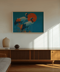Contemporary Cranes Artwork with blue, orange, and white for hallway
