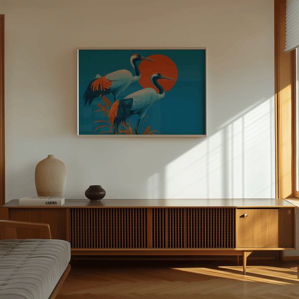 Contemporary Cranes Artwork with blue, orange, and white for hallway
