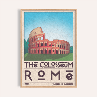 Framed close-up of the Colosseum art print showing a blue sky and typographic design