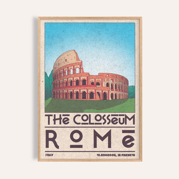 Vintage Rome travel poster print featuring the Colosseum arches and ROMA text