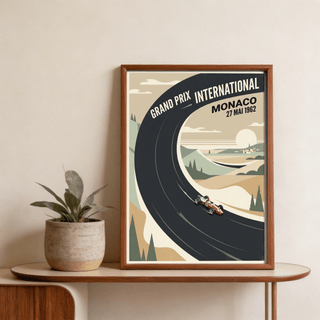 Full view Vintage Car Racing Poster in beige green and black palette