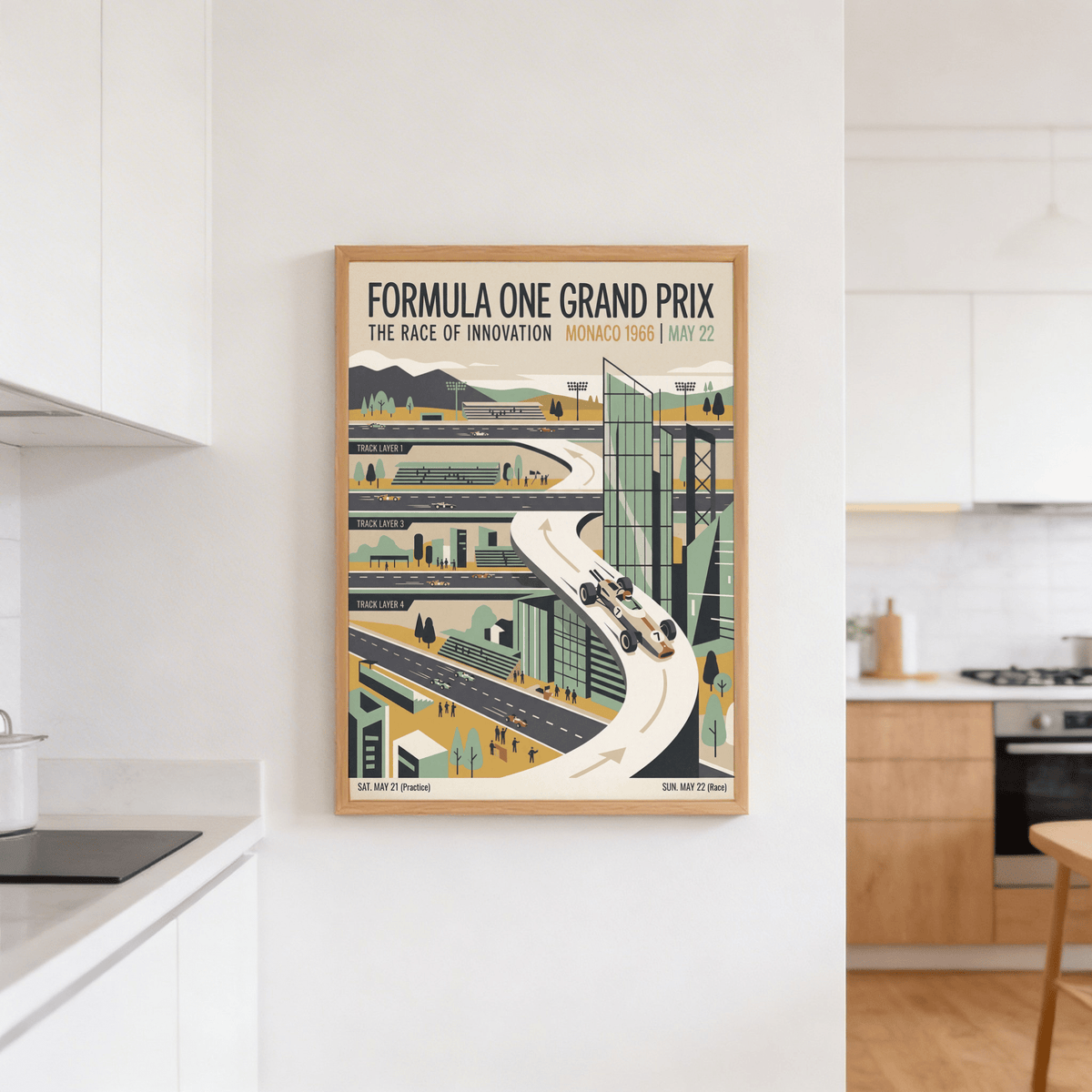 Lower section of racing wall art print with road lanes, infield shapes, and tiny figures near the track