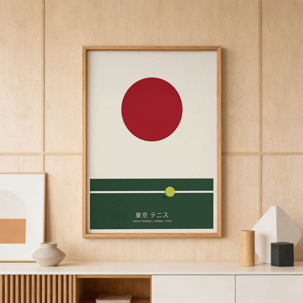 Minimalist Tokyo tennis poster print with court lines, ball, and Japanese lettering