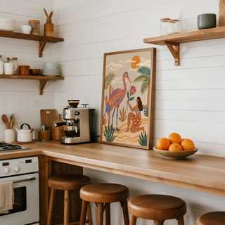 Modern wall art print of a long-legged bird next to a woman offering a flower