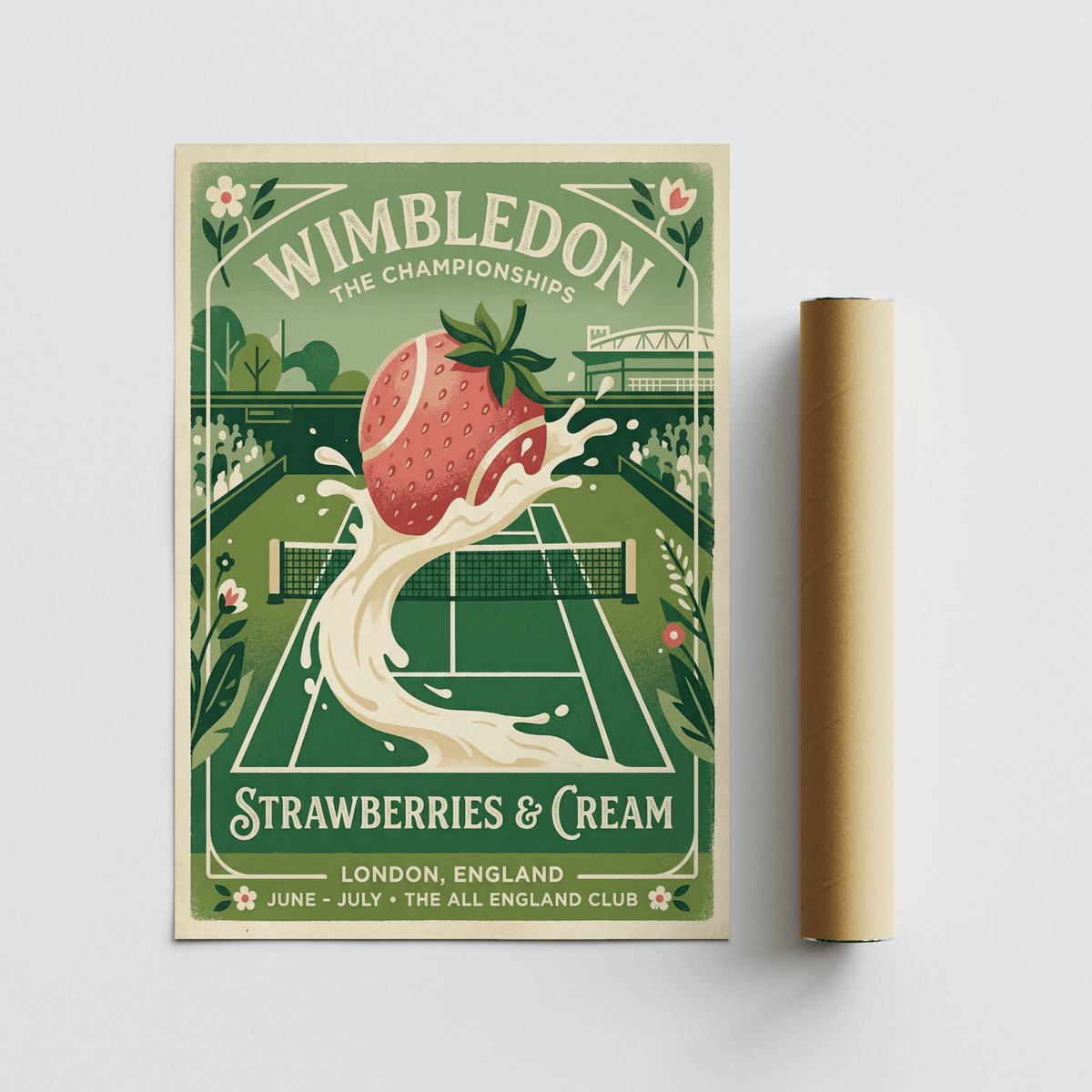 Retro event lettering wall art print reading Wimbledon and Strawberries & Cream