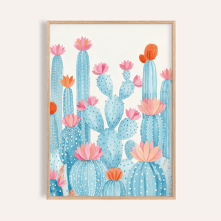 Cactus Art Print in Pink and Blue for living room wall art