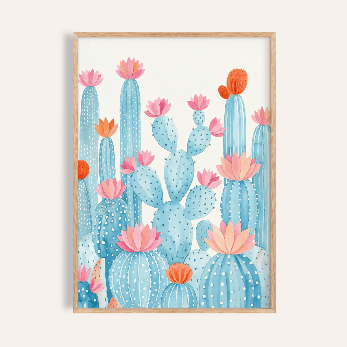 Cactus Art Print in Pink and Blue for living room wall art