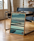 Minimalist rice field poster showing horizontal paddy grids, distant buildings, and mountains
