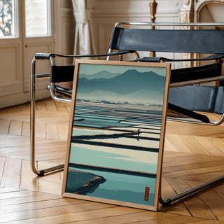 Minimalist rice field poster showing horizontal paddy grids, distant buildings, and mountains