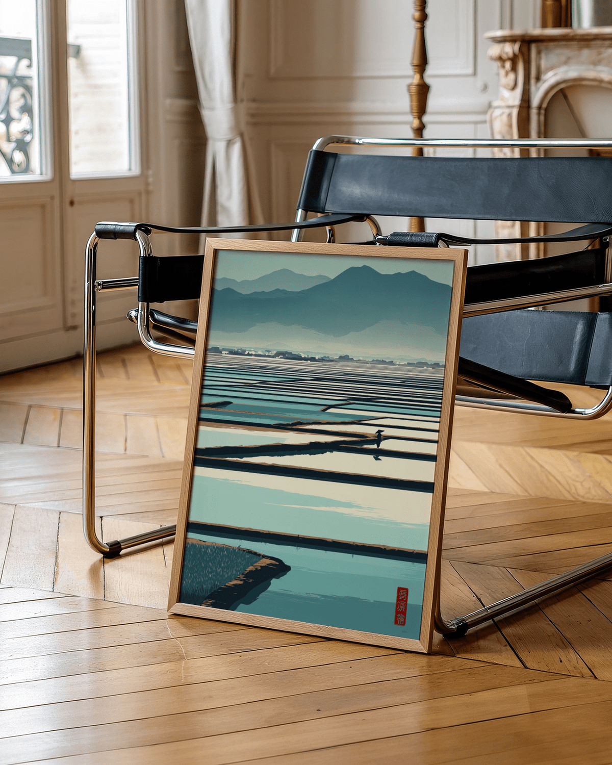 Minimalist rice field poster showing horizontal paddy grids, distant buildings, and mountains