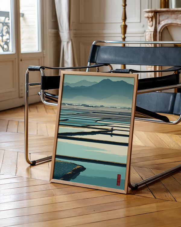 Minimalist rice field poster showing horizontal paddy grids, distant buildings, and mountains