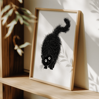 Arched Back Cat Print, Black fur cat, White backdrop, dining room wall art