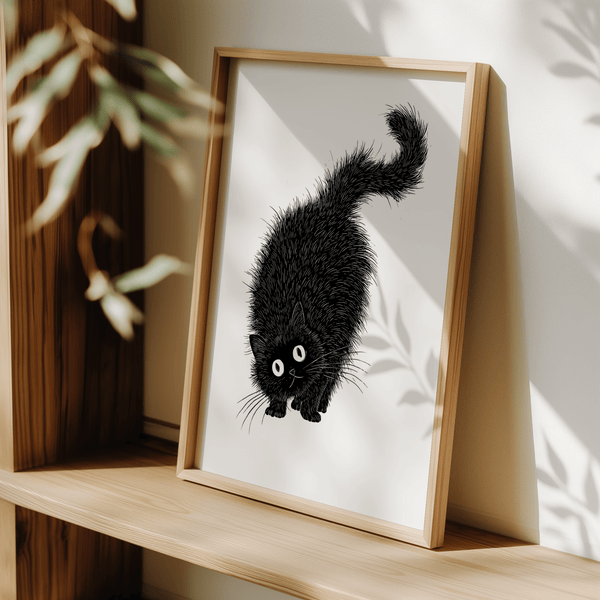 Arched Back Cat Print, Black fur cat, White backdrop, dining room wall art